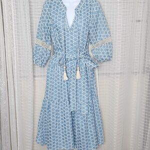 NWOT Anthropologie O.P.T. Blue Eyelet Lace 100% Cotton Tiered Midi Dress SzS